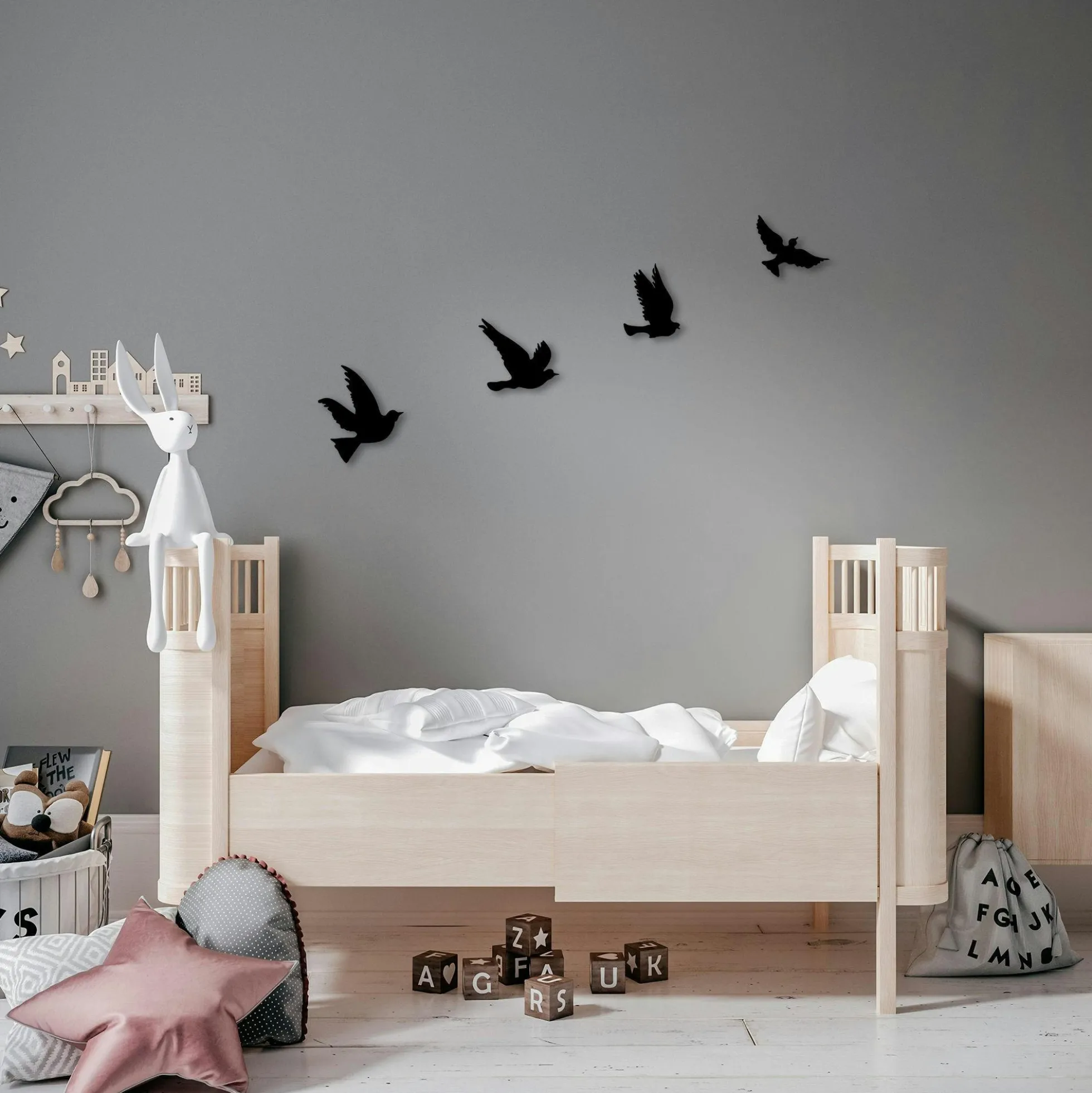 Décoration murale en métal noir – oiseaux en vol (lot de 4)