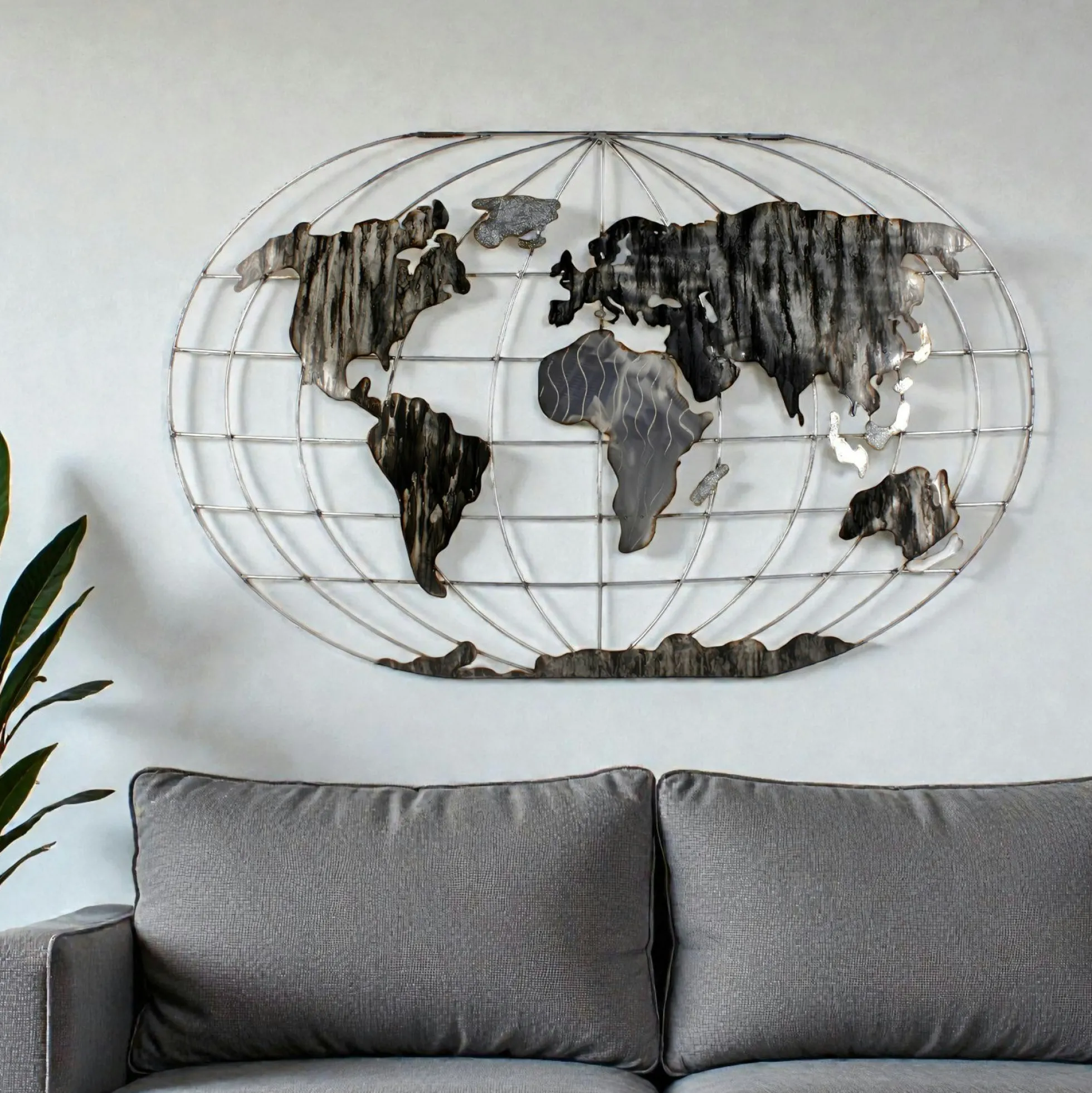 Décoration murale Mappemonde en métal gris et noir 120x75cm
