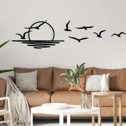Décoration murale métal noir – coucher de soleil et oiseaux