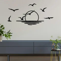 Décoration murale métal noir – coucher de soleil et oiseaux