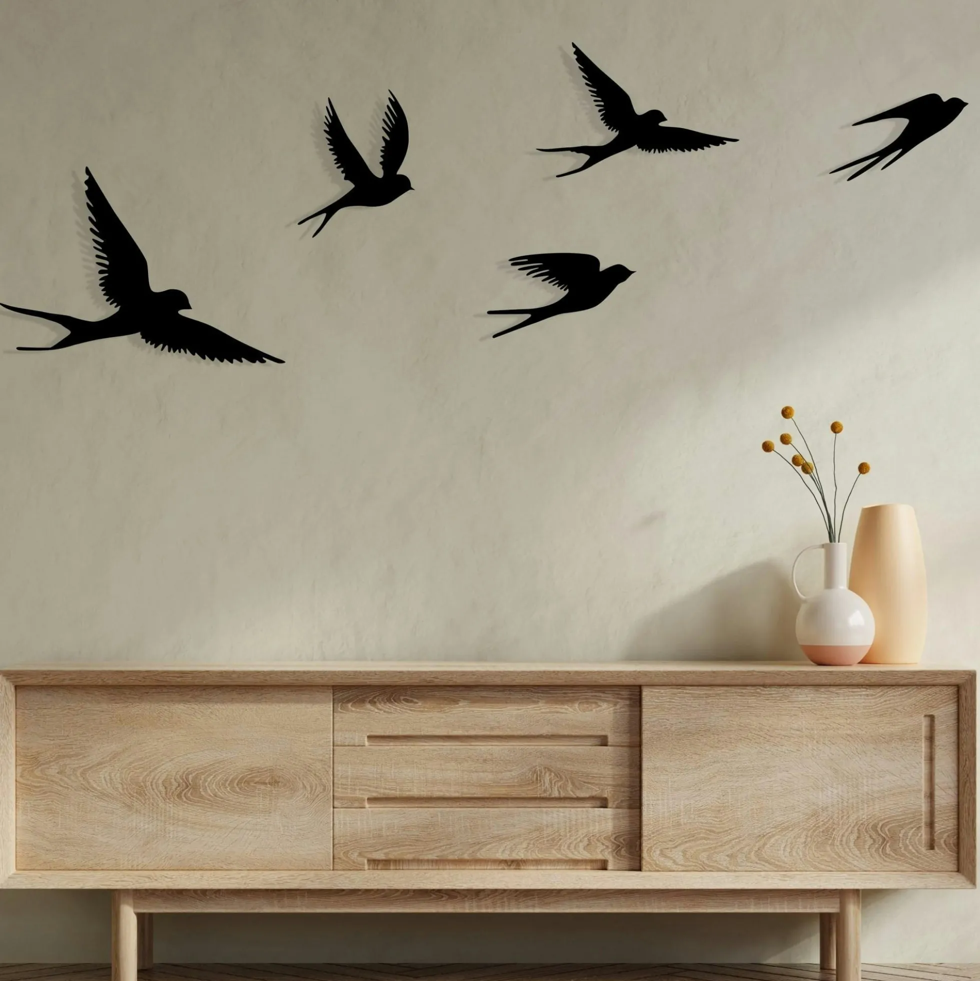 Décoration murale métal noir – envolée d'oiseaux (lot de 5)