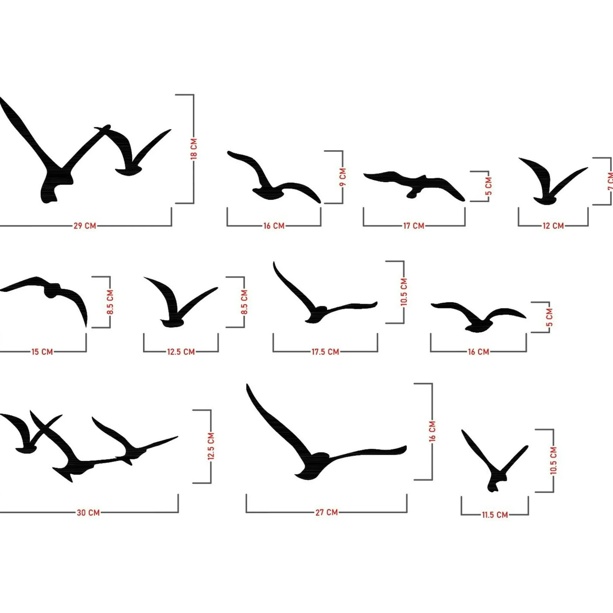 Décoration murale nature – oiseaux métal noir (lot de 11)