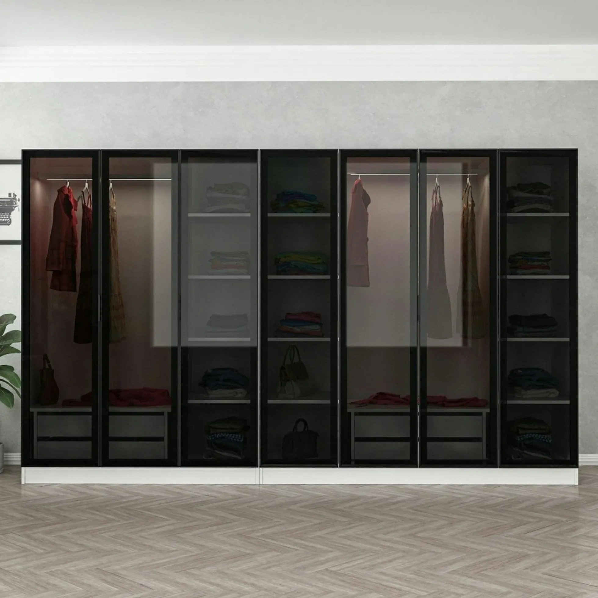 Dressing design 7 portes en verre noir et cadre blanc BYRON