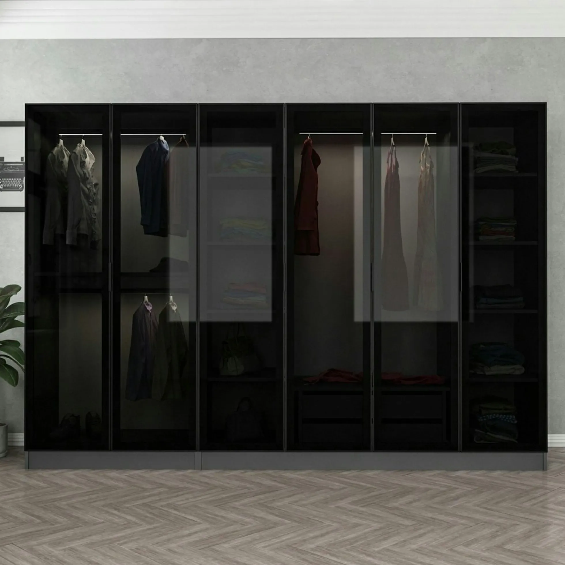 Dressing design 6 portes verre noir & cadre anthracite BYRON