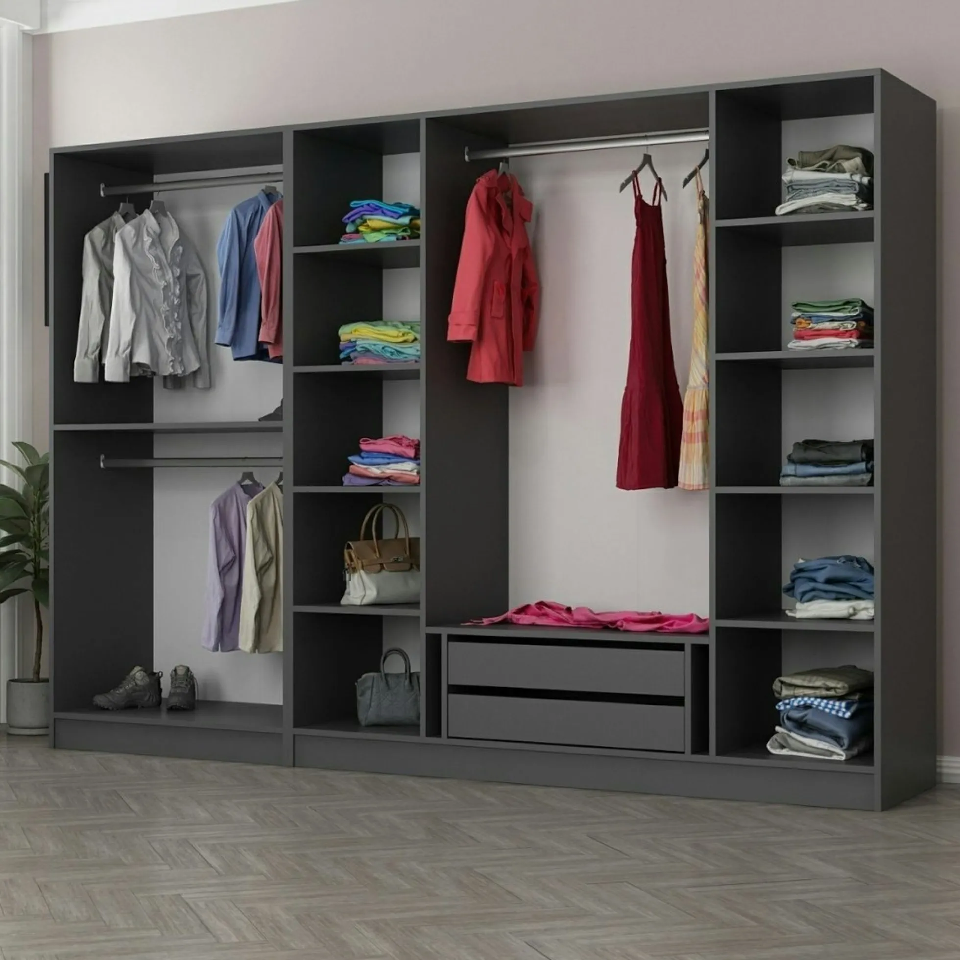 Dressing design 6 portes verre noir & cadre anthracite BYRON