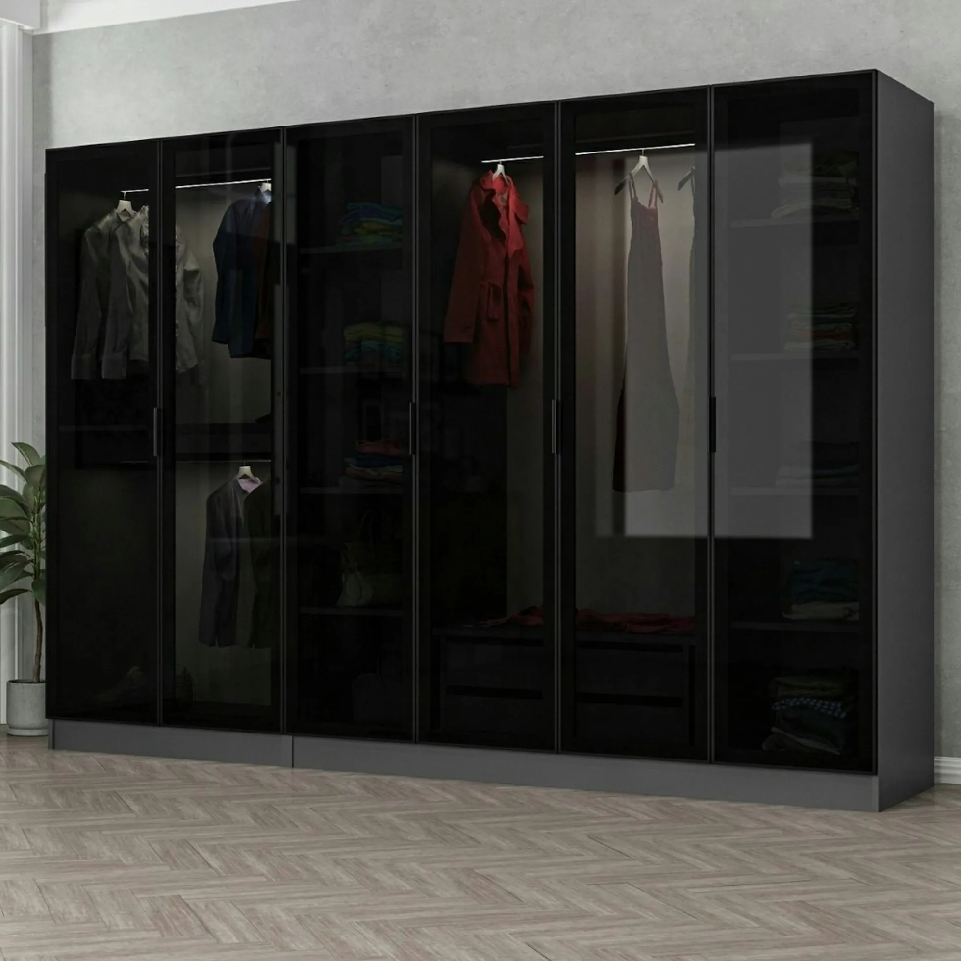 Dressing design 6 portes verre noir & cadre anthracite BYRON