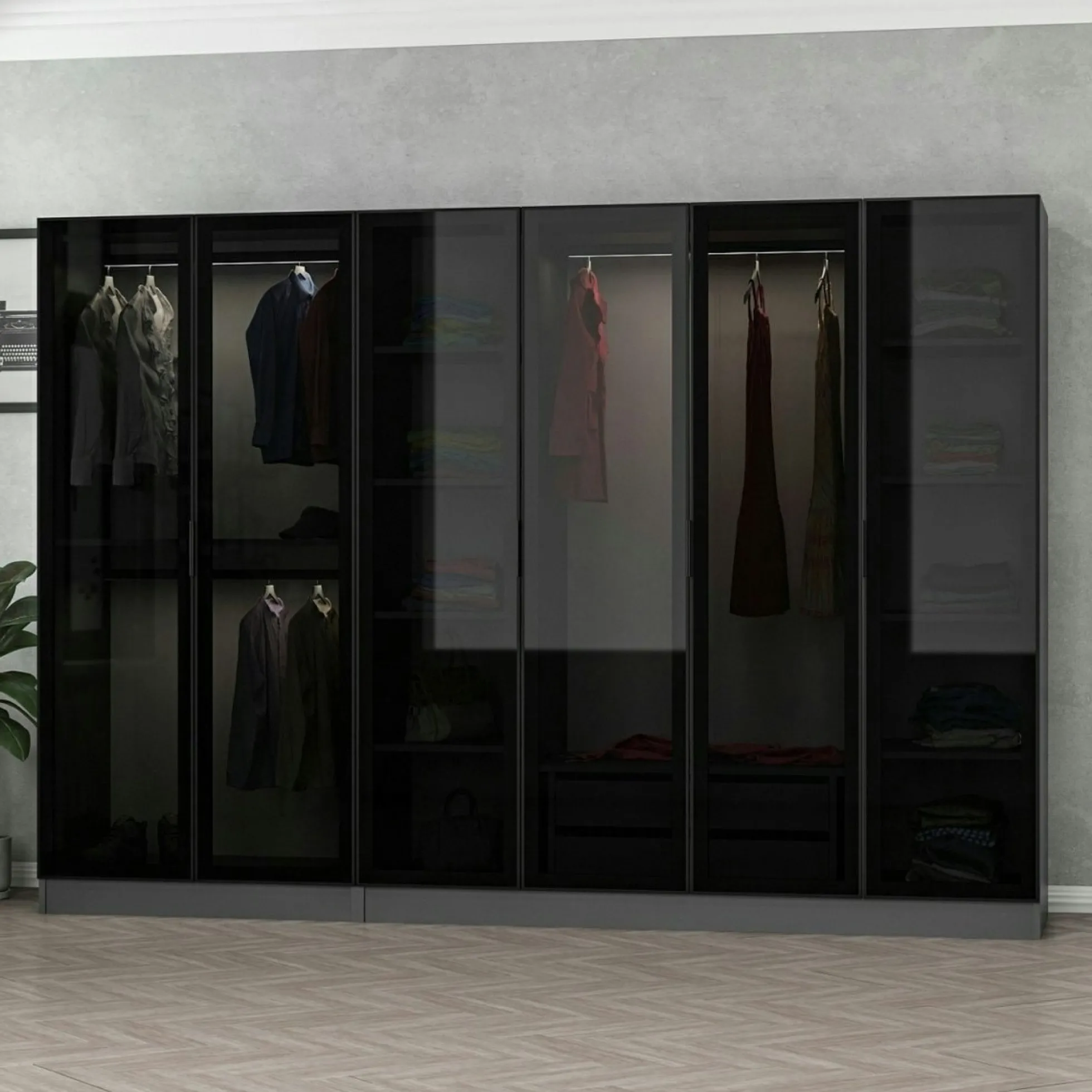Dressing design 6 portes verre noir & cadre anthracite BYRON