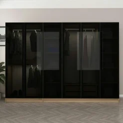 Dressing design 6 portes verre noir & cadre effet noyer BYRON