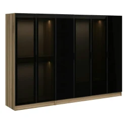 Dressing design 6 portes verre noir & cadre effet noyer BYRON