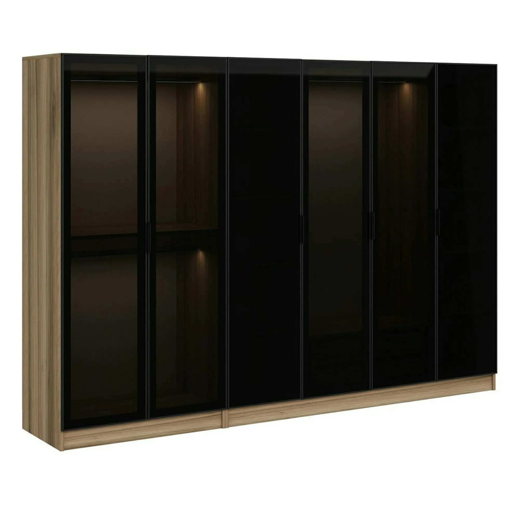 Dressing design 6 portes verre noir & cadre effet noyer BYRON