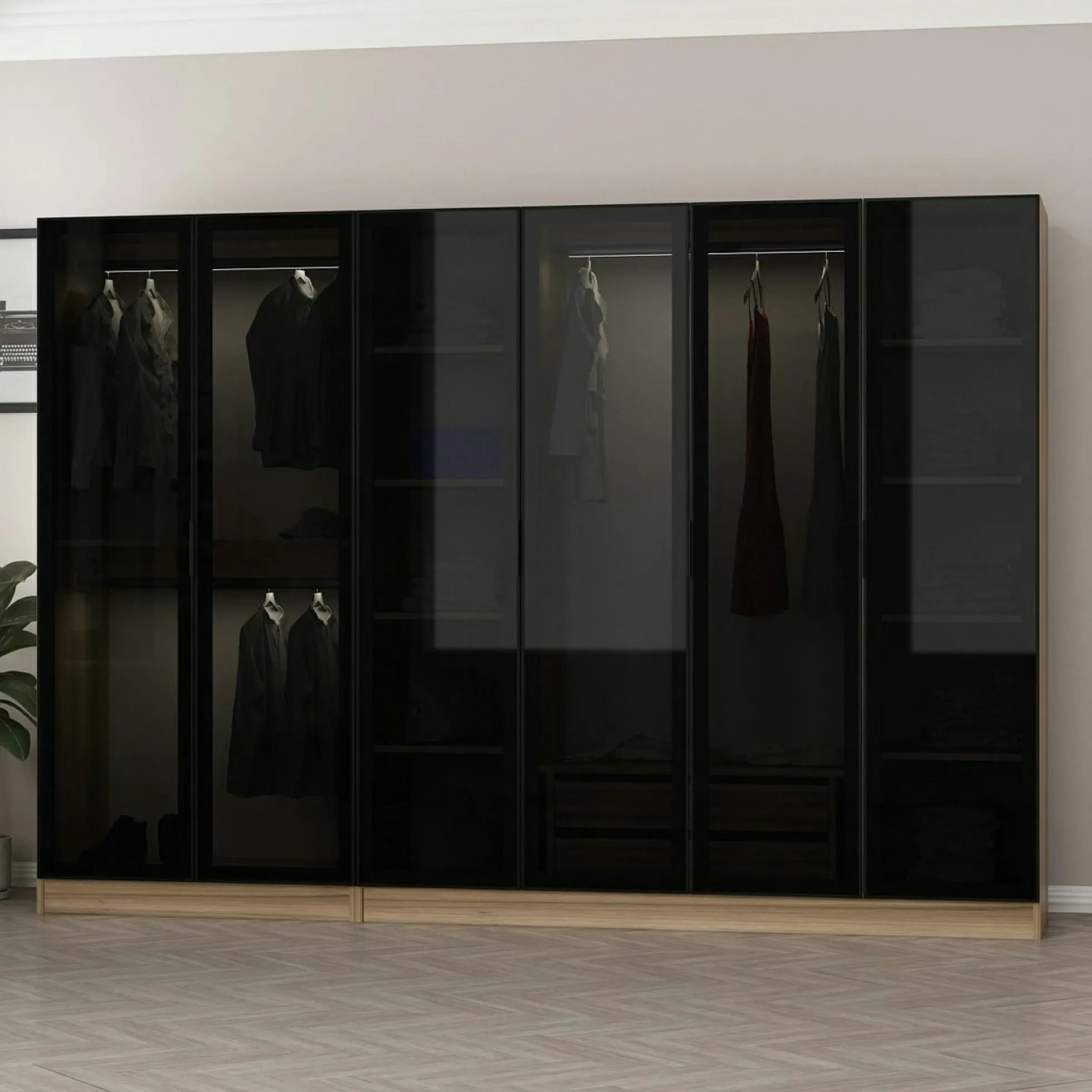 Dressing design 6 portes verre noir & cadre effet noyer BYRON