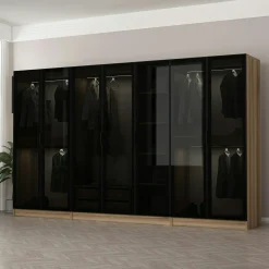 Dressing design 7 portes verre noir & cadre effet noyer BYRON