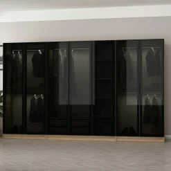 Dressing design 7 portes verre noir & cadre effet noyer BYRON