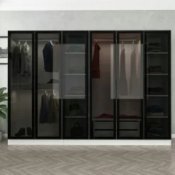 Dressing design 6 portes verre, cadre blanc, 2 tiroirs BYRON