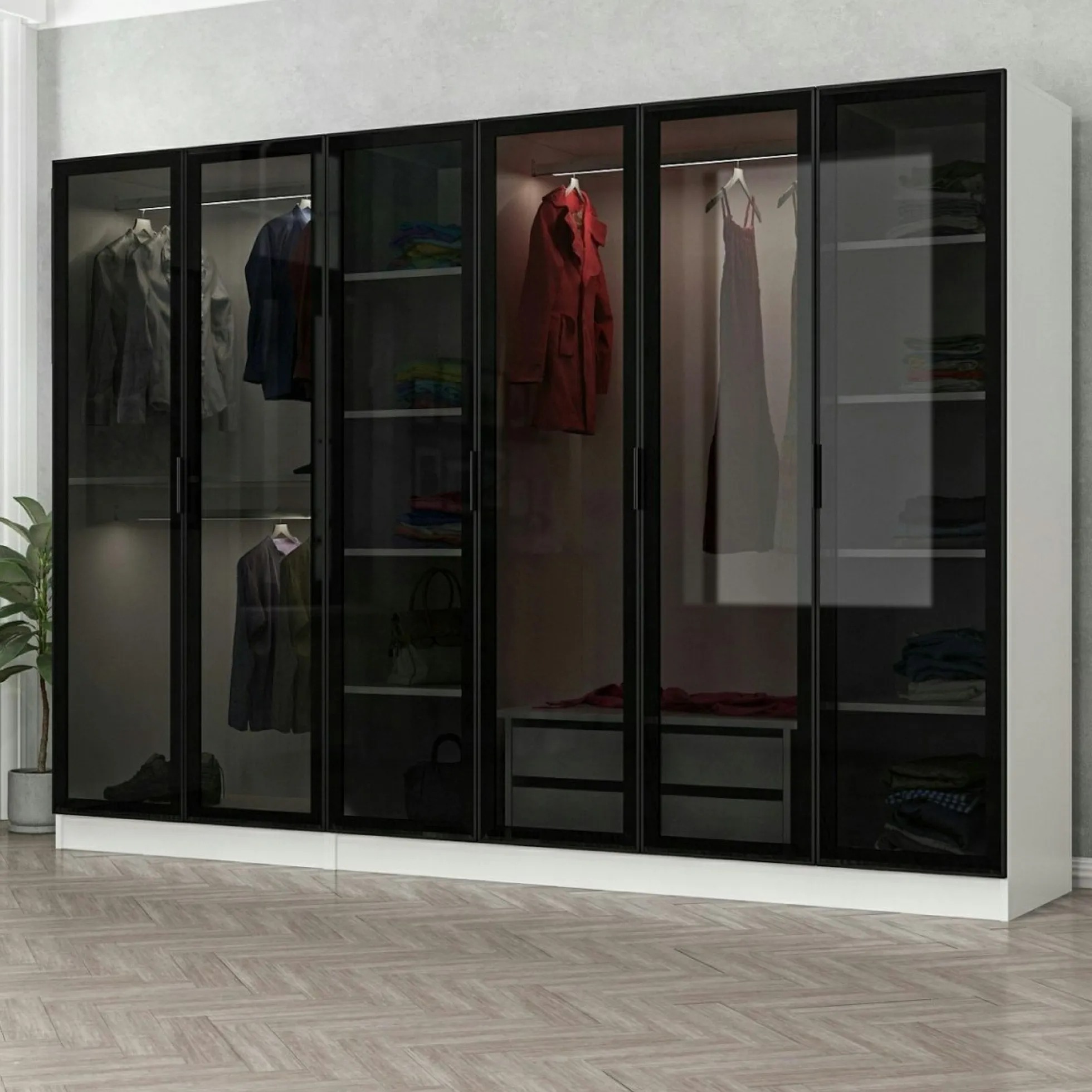 Dressing design 6 portes verre, cadre blanc, 2 tiroirs BYRON