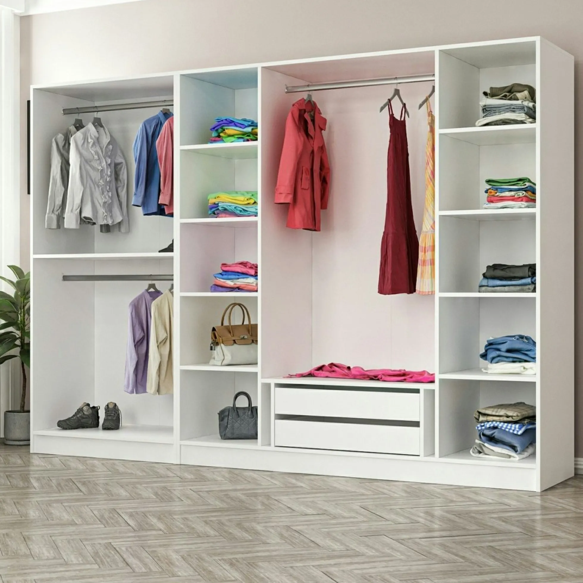 Dressing design 6 portes verre, cadre blanc, 2 tiroirs BYRON