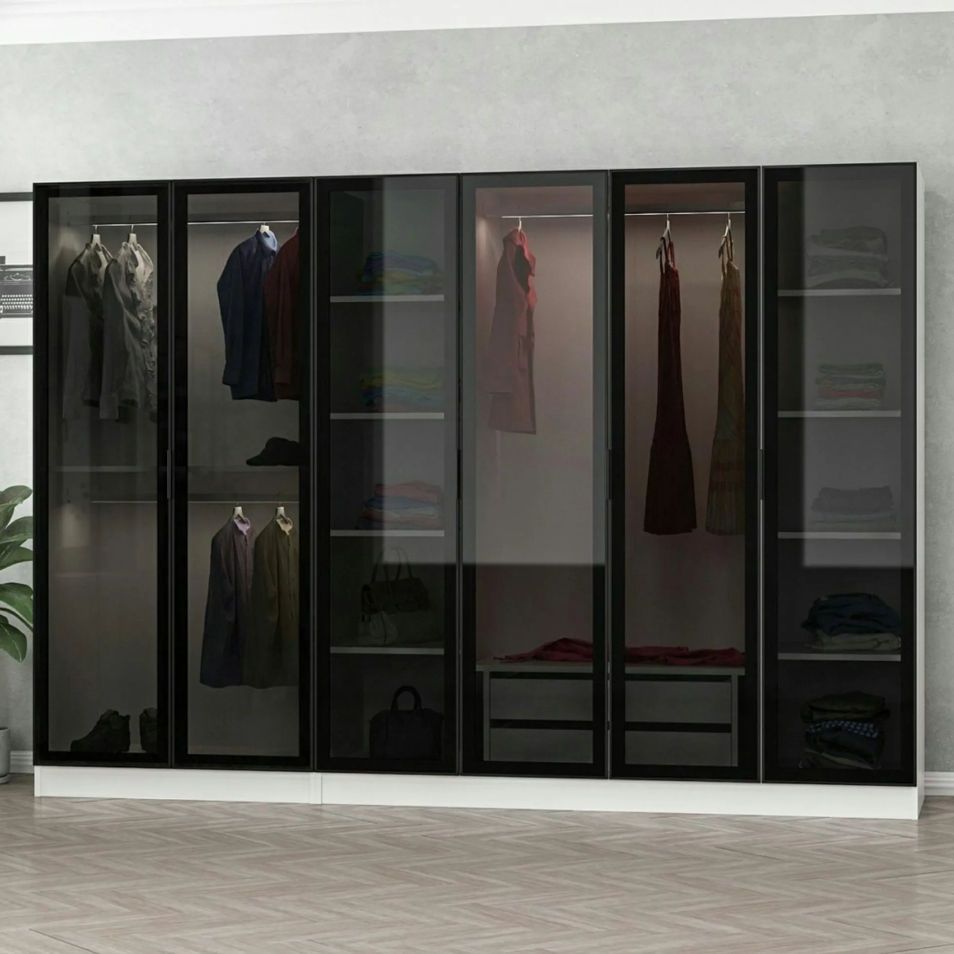 Dressing design 6 portes verre, cadre blanc, 2 tiroirs BYRON