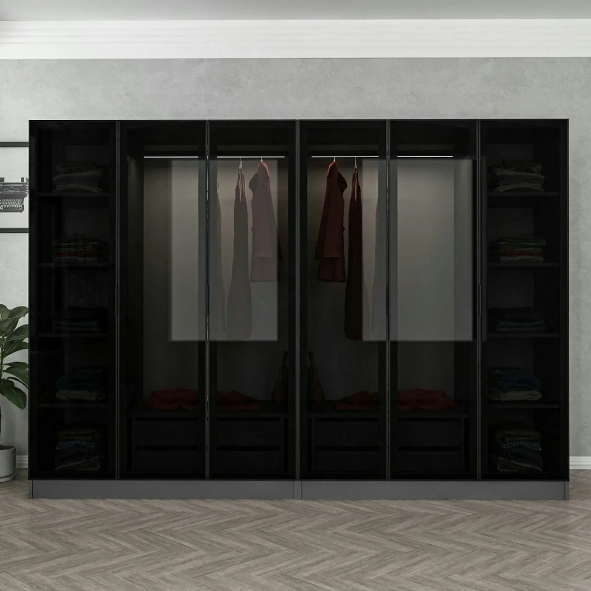 Dressing design 6 portes, verre noir & cadre anthracite BYRON