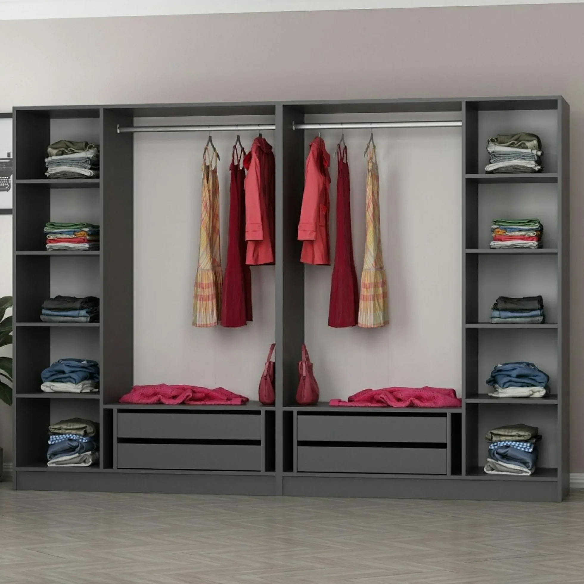 Dressing design 6 portes, verre noir & cadre anthracite BYRON