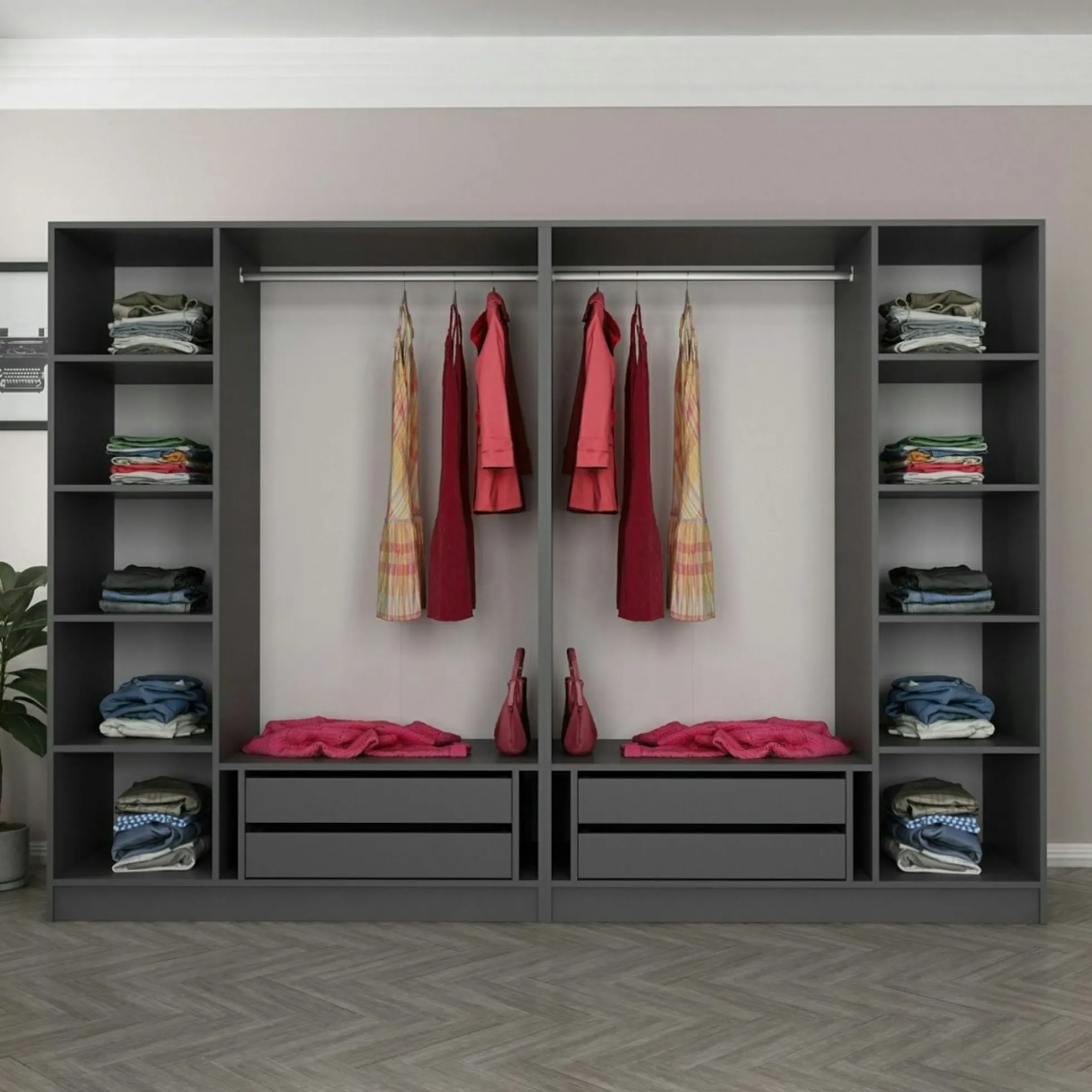 Dressing design 6 portes, verre noir & cadre anthracite BYRON