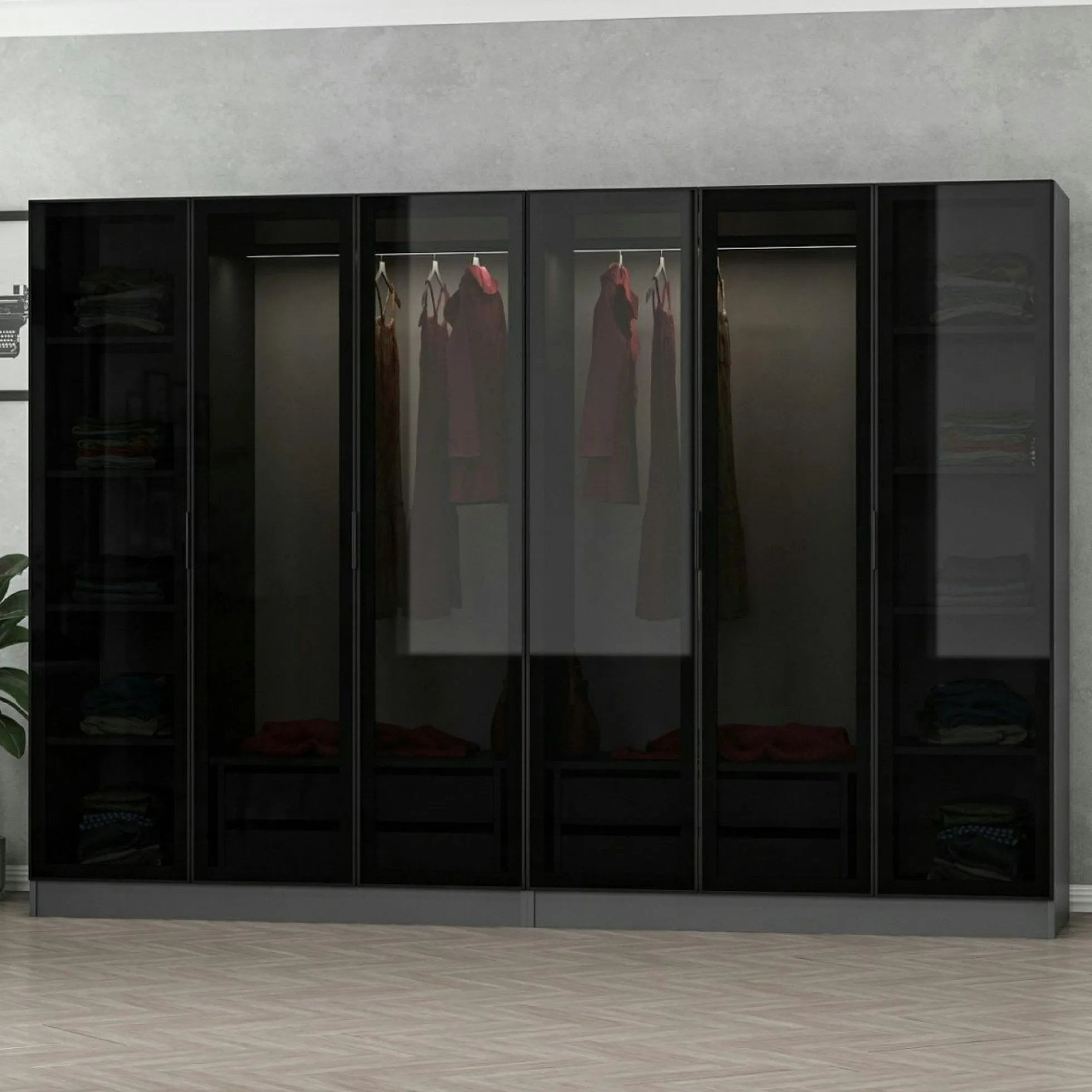 Dressing design 6 portes, verre noir & cadre anthracite BYRON
