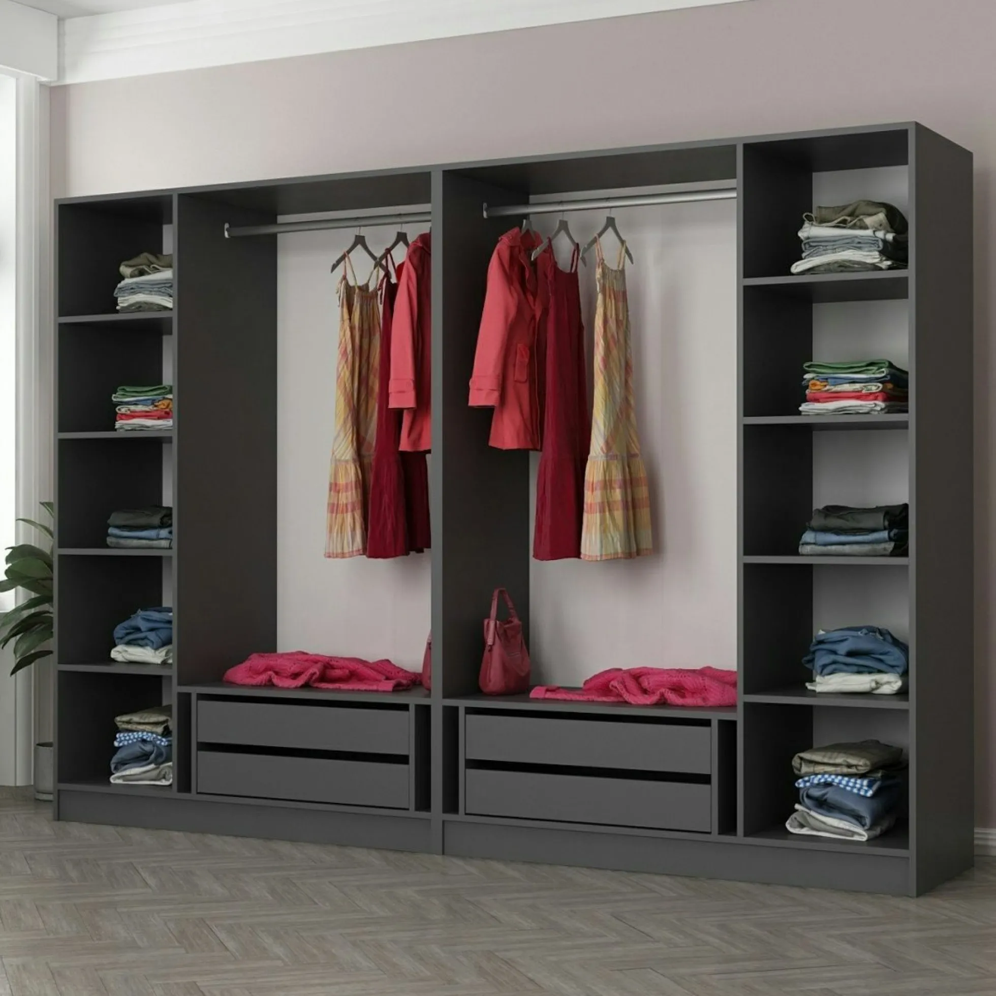 Dressing design 6 portes, verre noir & cadre anthracite BYRON