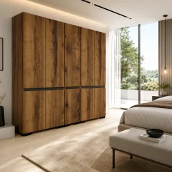 Dressing 10 portes 2 tringles décor noyer et anthracite 225 cm BYRON