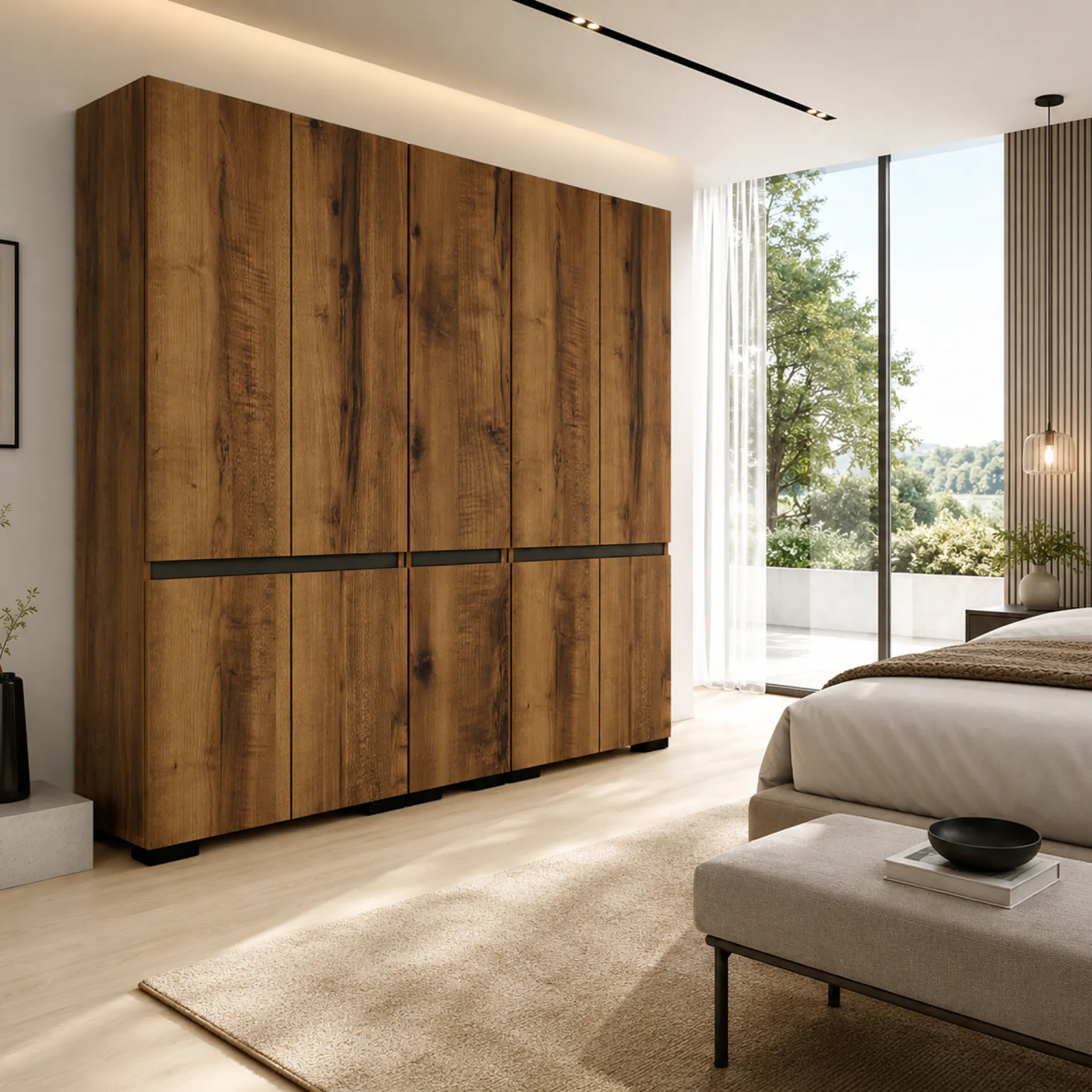 Dressing 10 portes 2 tringles décor noyer et anthracite 225 cm BYRON