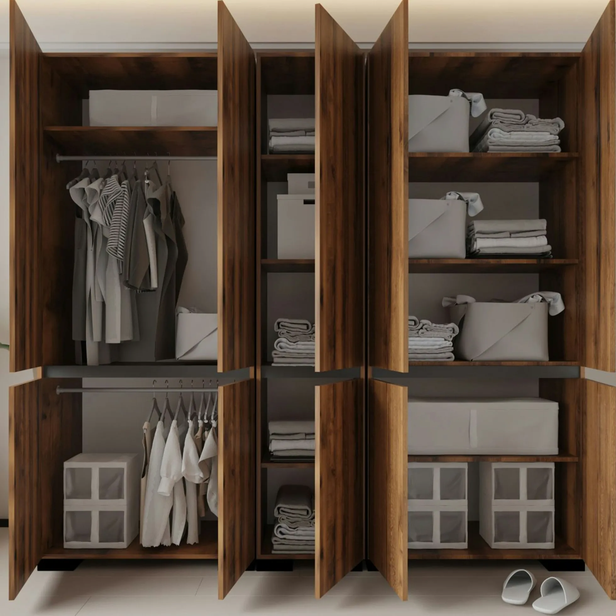 Dressing 10 portes 2 tringles décor noyer et anthracite 225 cm BYRON