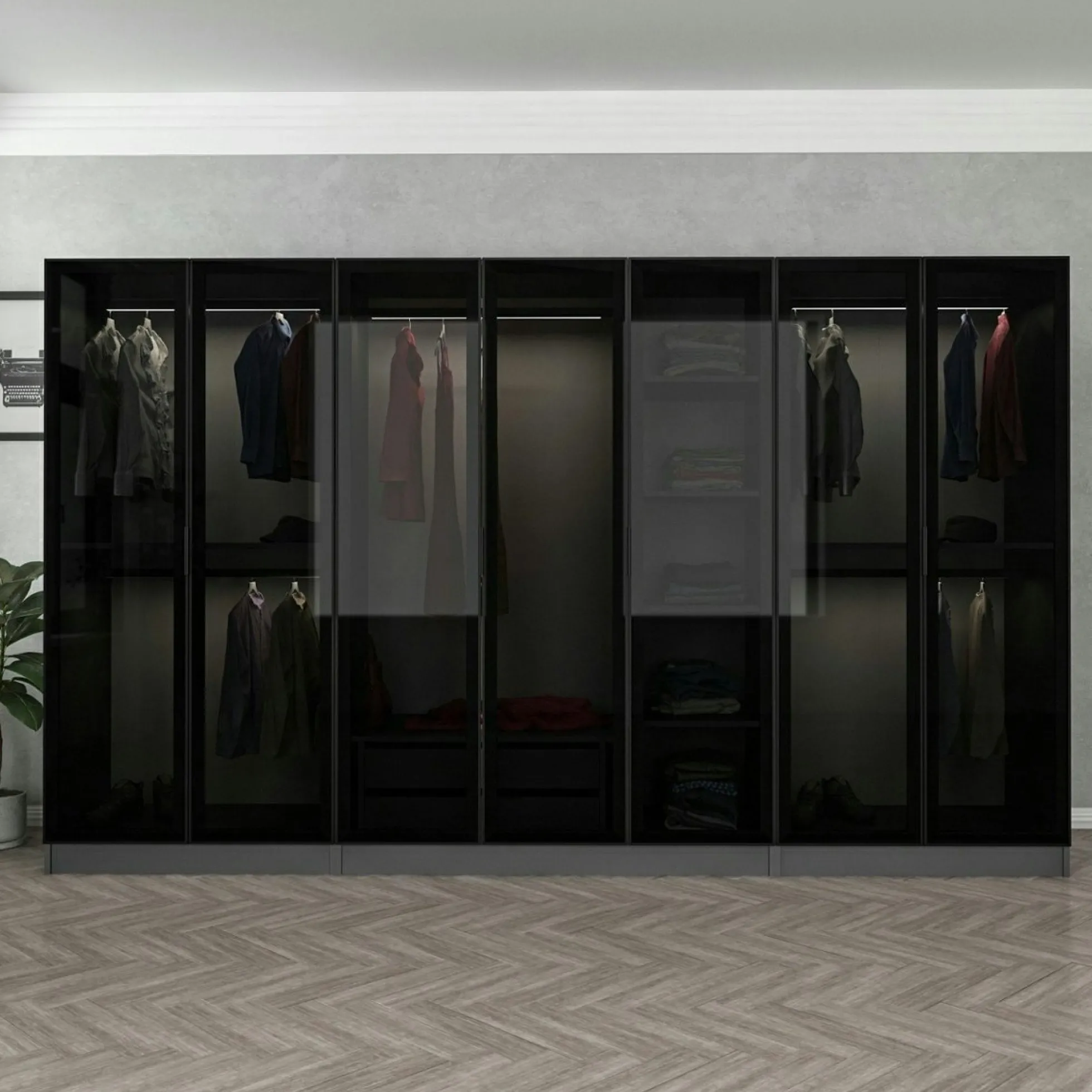 Dressing XXL 5 penderies, anthracite & verre noir 190 cm BYRON
