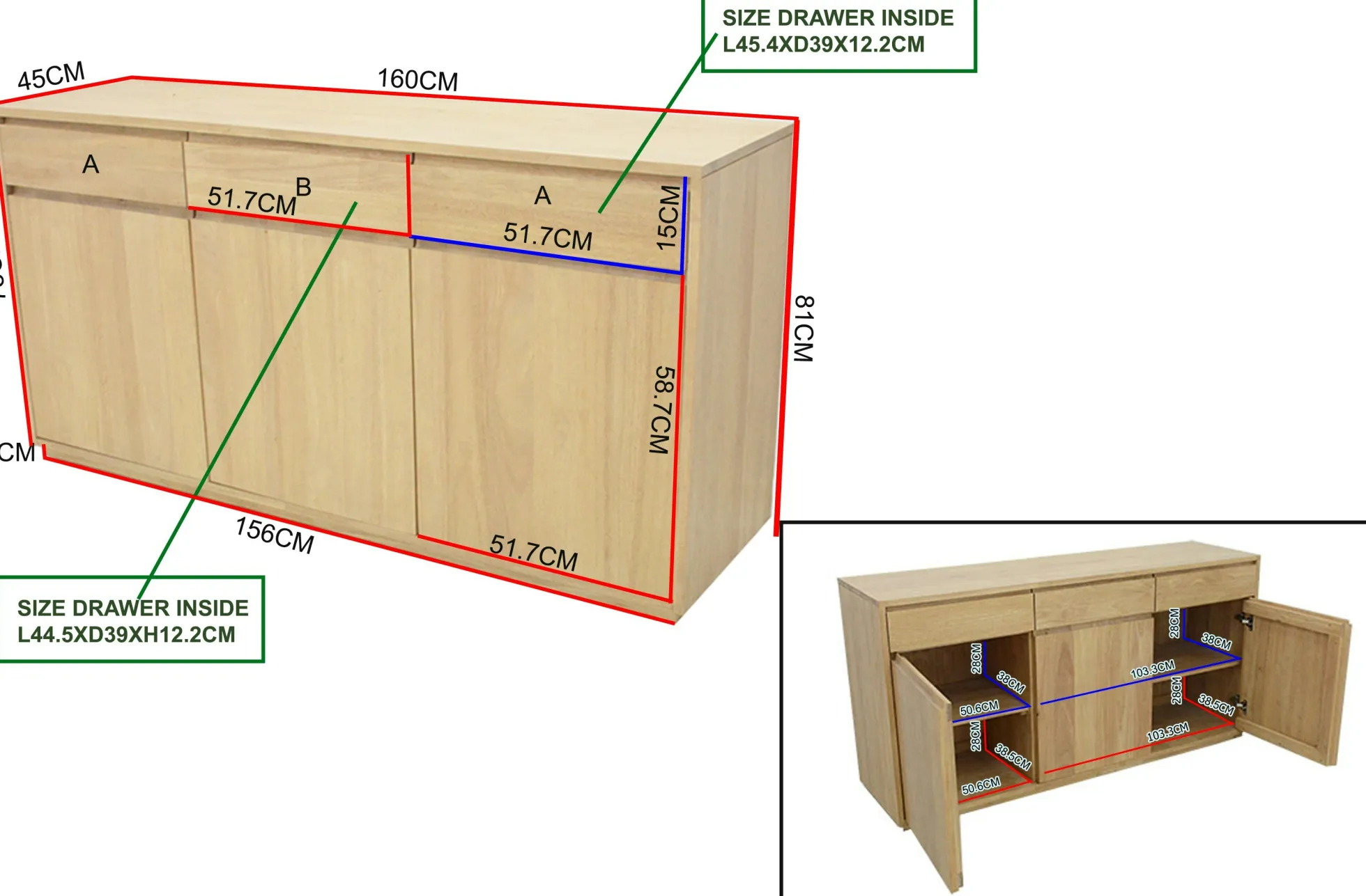Enfilade / Buffet long Hévéa 3 portes, 3 tiroirs 160x45x81cm BALTIC