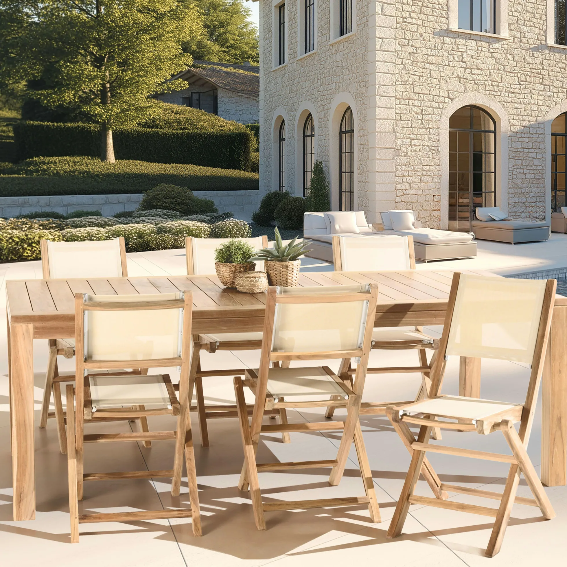 Ensemble de jardin extérieur grande table rectangle en teck 6 chaises ALERIA