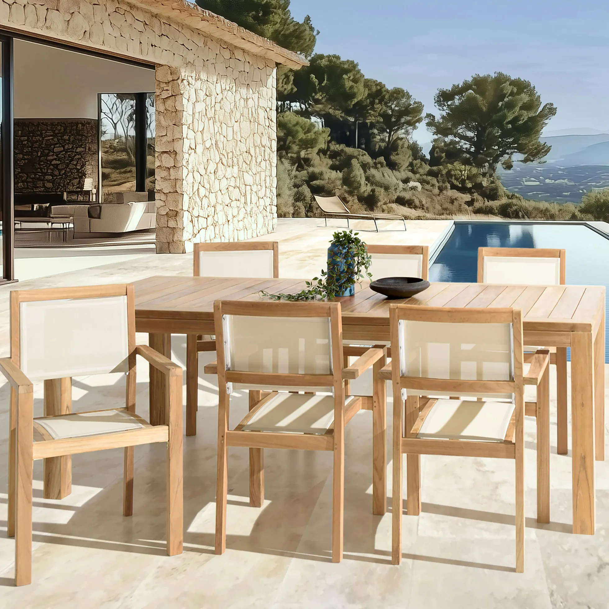 Ensemble de jardin extérieur table rectangle en teck 6 fauteuils ALERIA