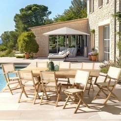 Ensemble de repas de jardin en teck table extensible et 8 chaises ALERIA
