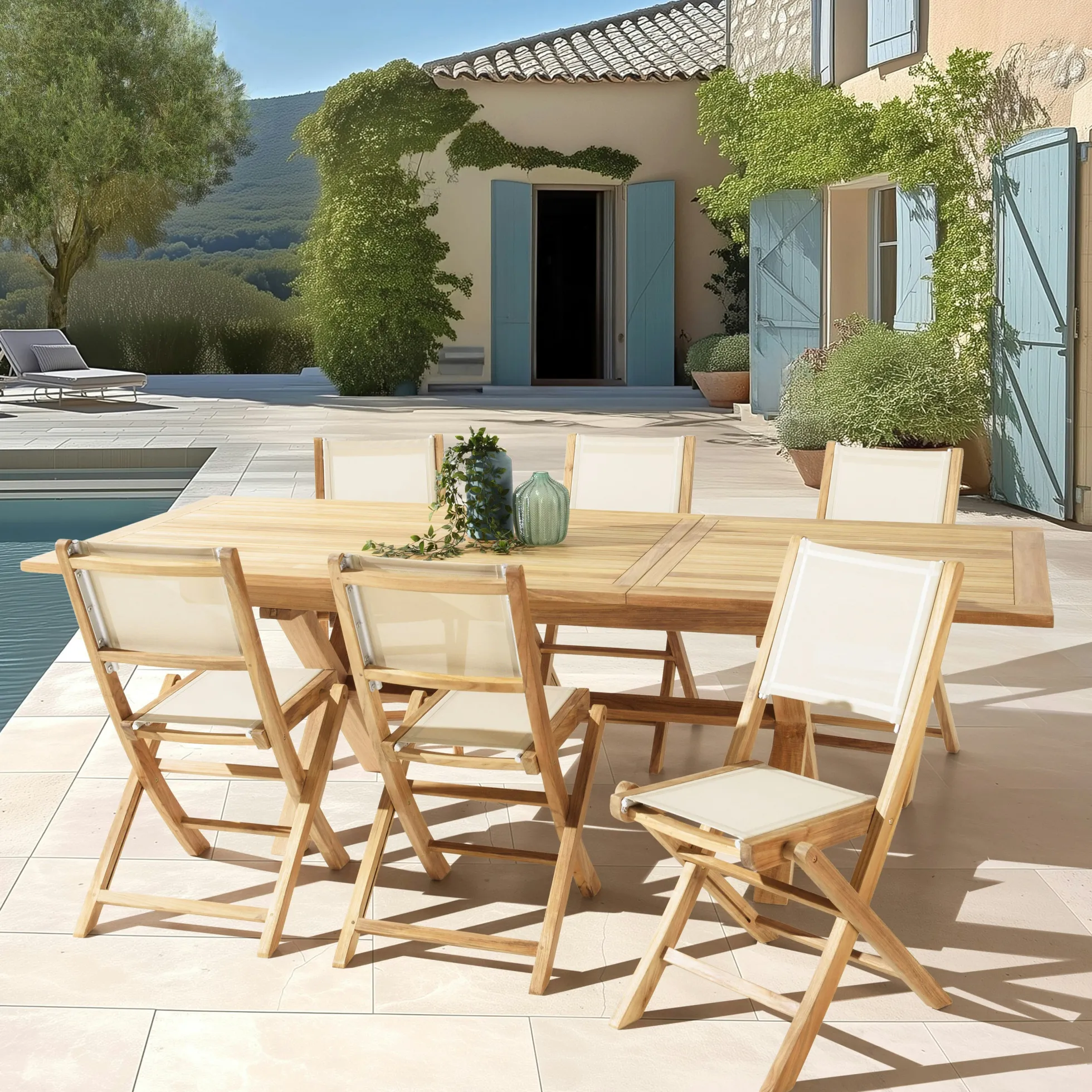 Ensemble de repas de jardin en teck table extensible et 6 chaises ALERIA