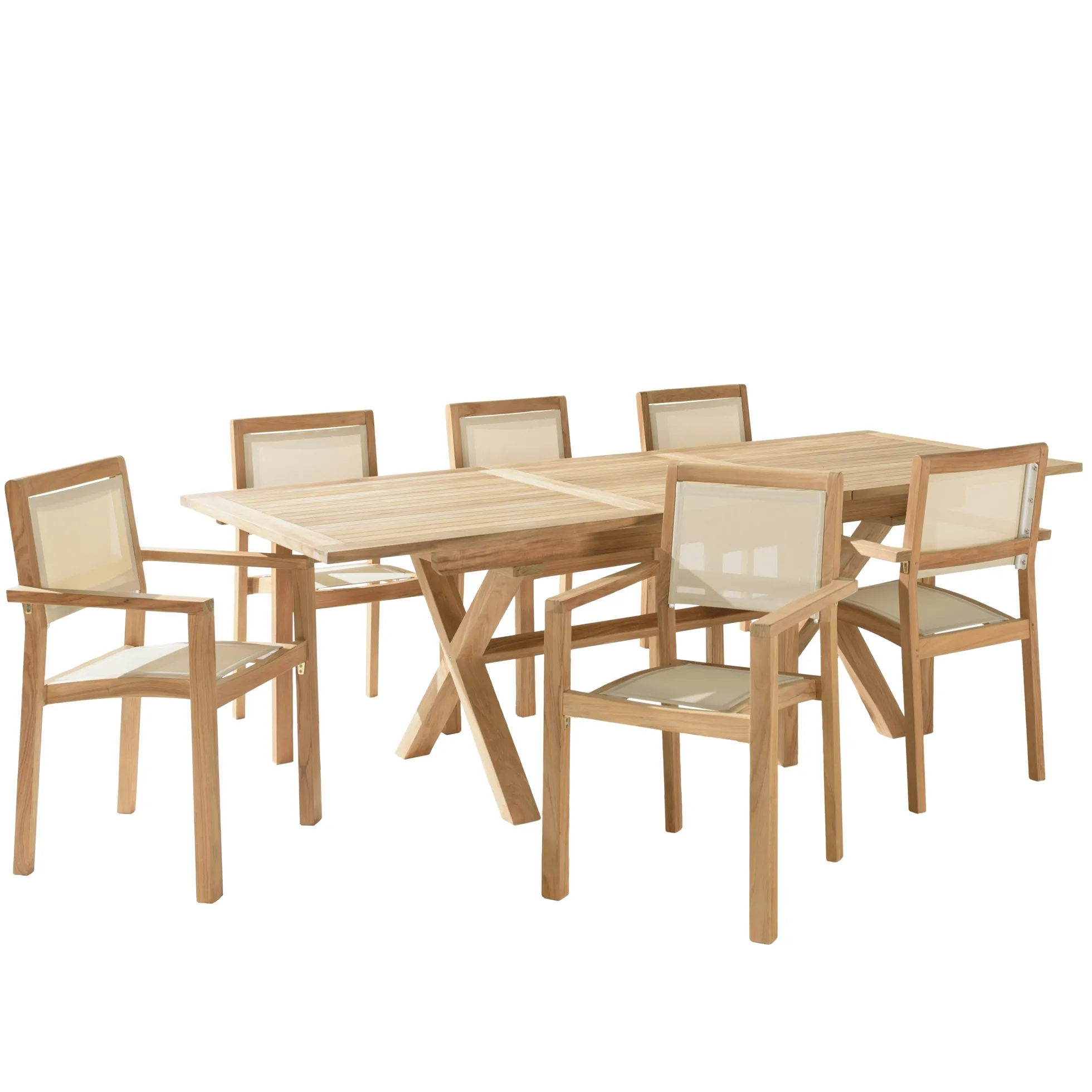 Ensemble de repas extérieur en teck pieds en X 6 fauteuils ALERIA
