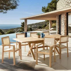 Ensemble de repas extérieur en teck pieds en X 6 fauteuils ALERIA