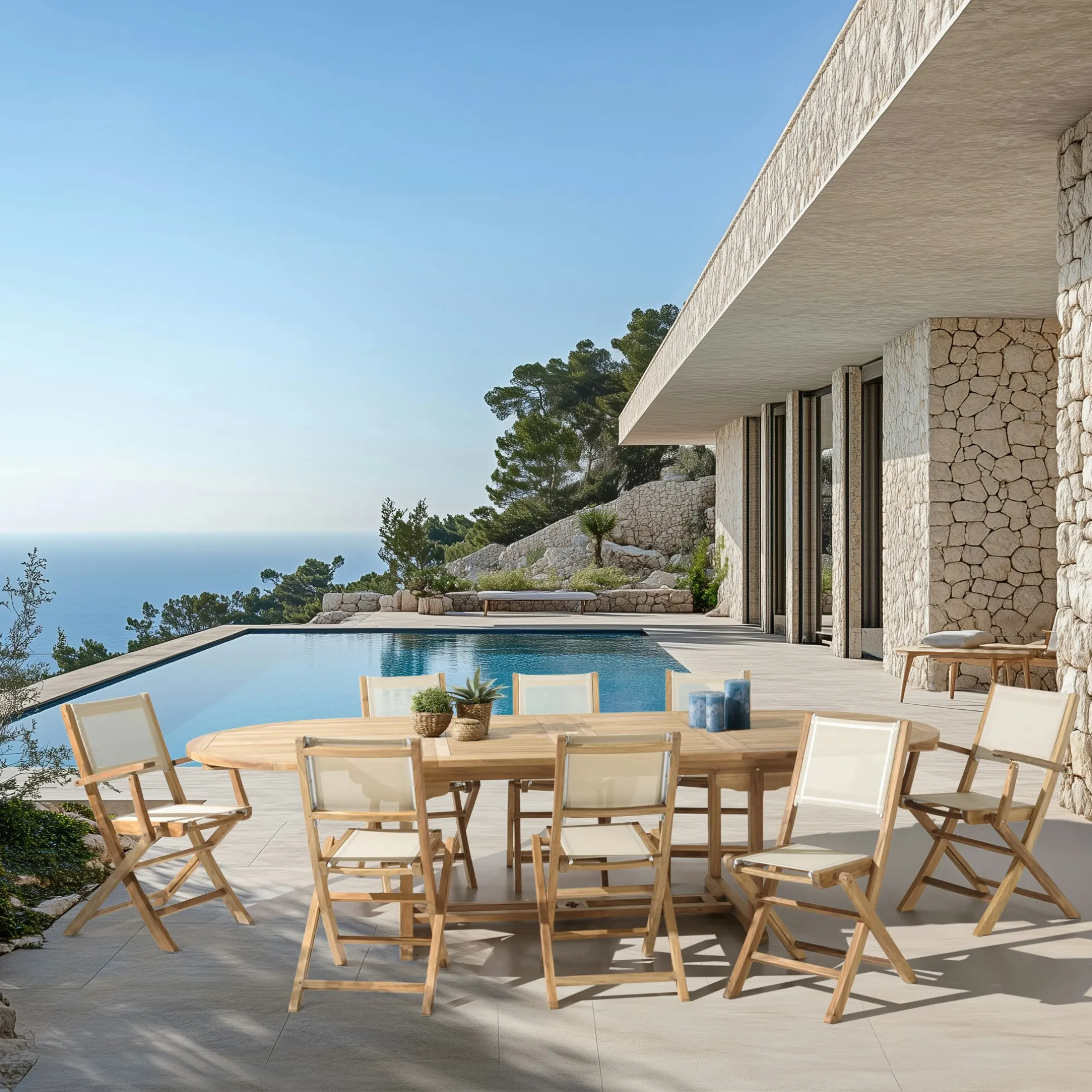 Ensemble de repas extérieur, table en teck extensible 8 chaises ALERIA