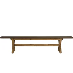 Ensemble table 200 cm et bancs effet béton marron pieds en bois d'acacia CALVI