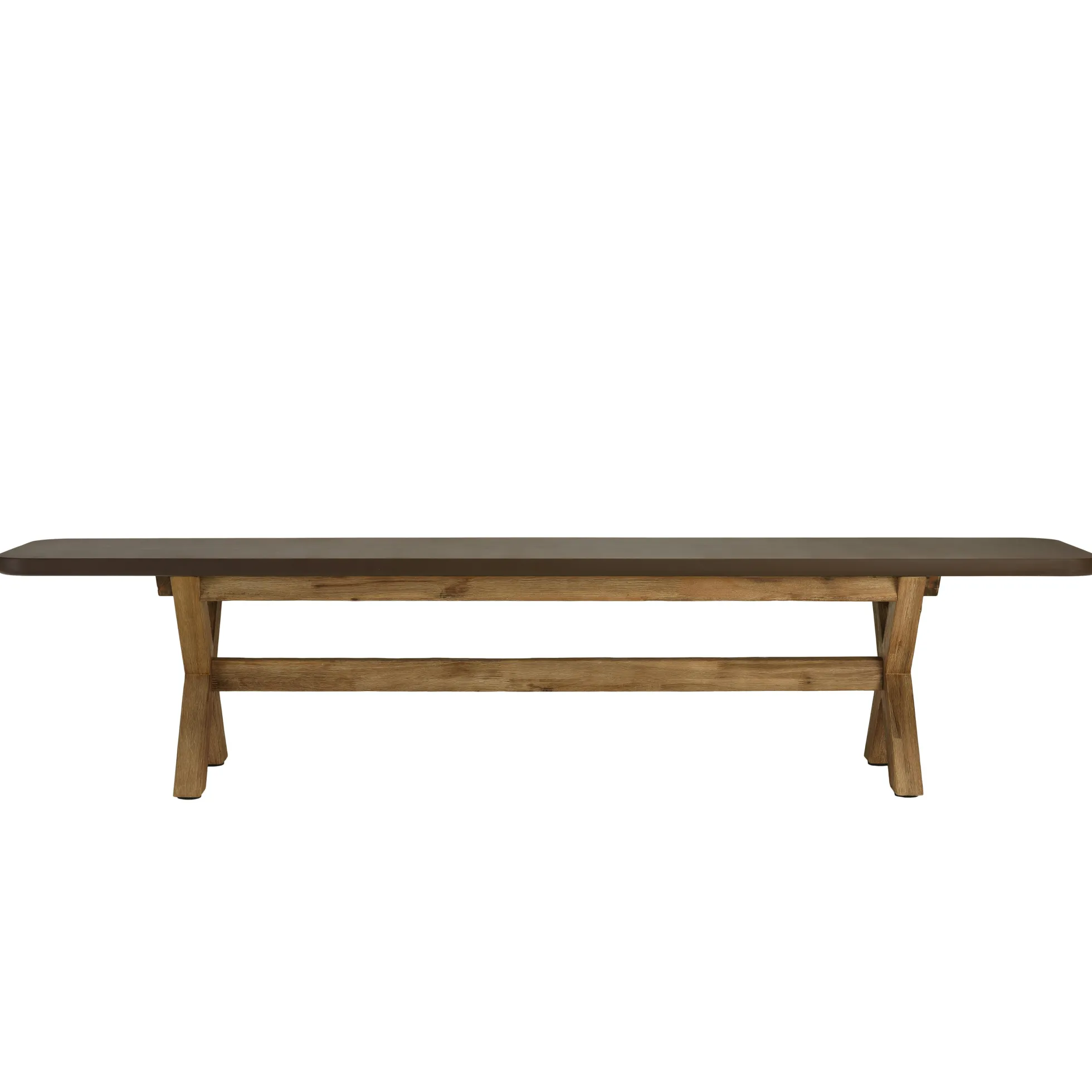 Ensemble table 200 cm et bancs effet béton marron pieds en bois d'acacia CALVI