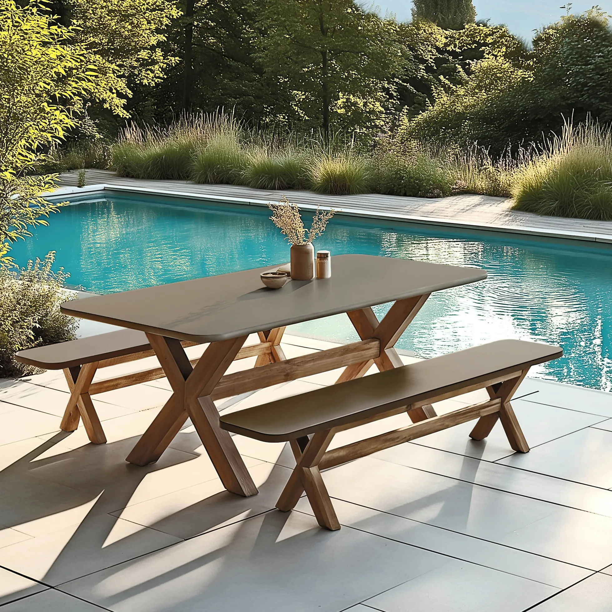 Ensemble table 200 cm et bancs effet béton marron pieds en bois d'acacia CALVI