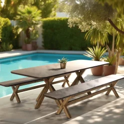 Ensemble table 240 cm et bancs effet béton marron pieds en bois d'acacia CALVI