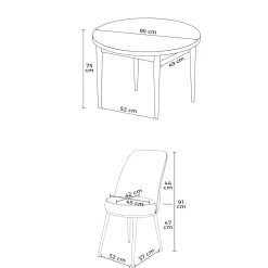 Ensemble table ronde Ø90 cm + 4 chaises taupe à motifs AROLA