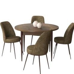 Ensemble table ronde Ø90 cm + 4 chaises taupe à motifs AROLA