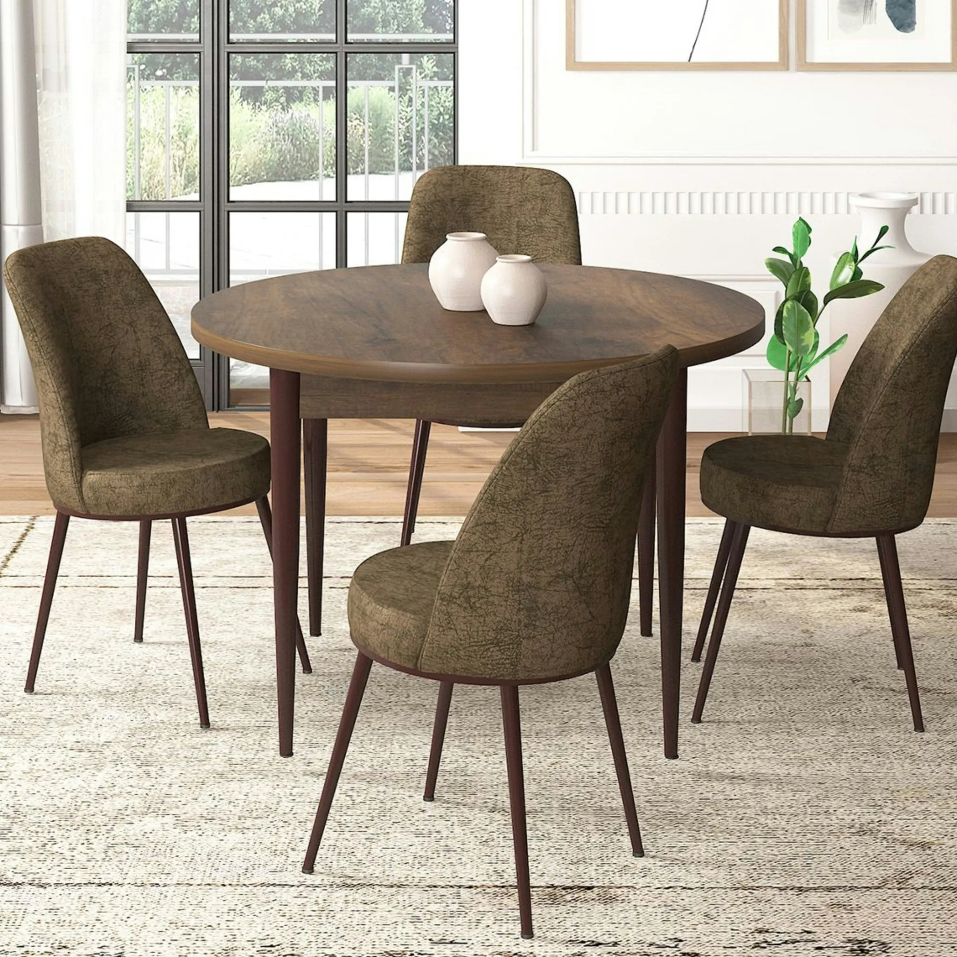 Ensemble table ronde Ø90 cm + 4 chaises taupe à motifs AROLA