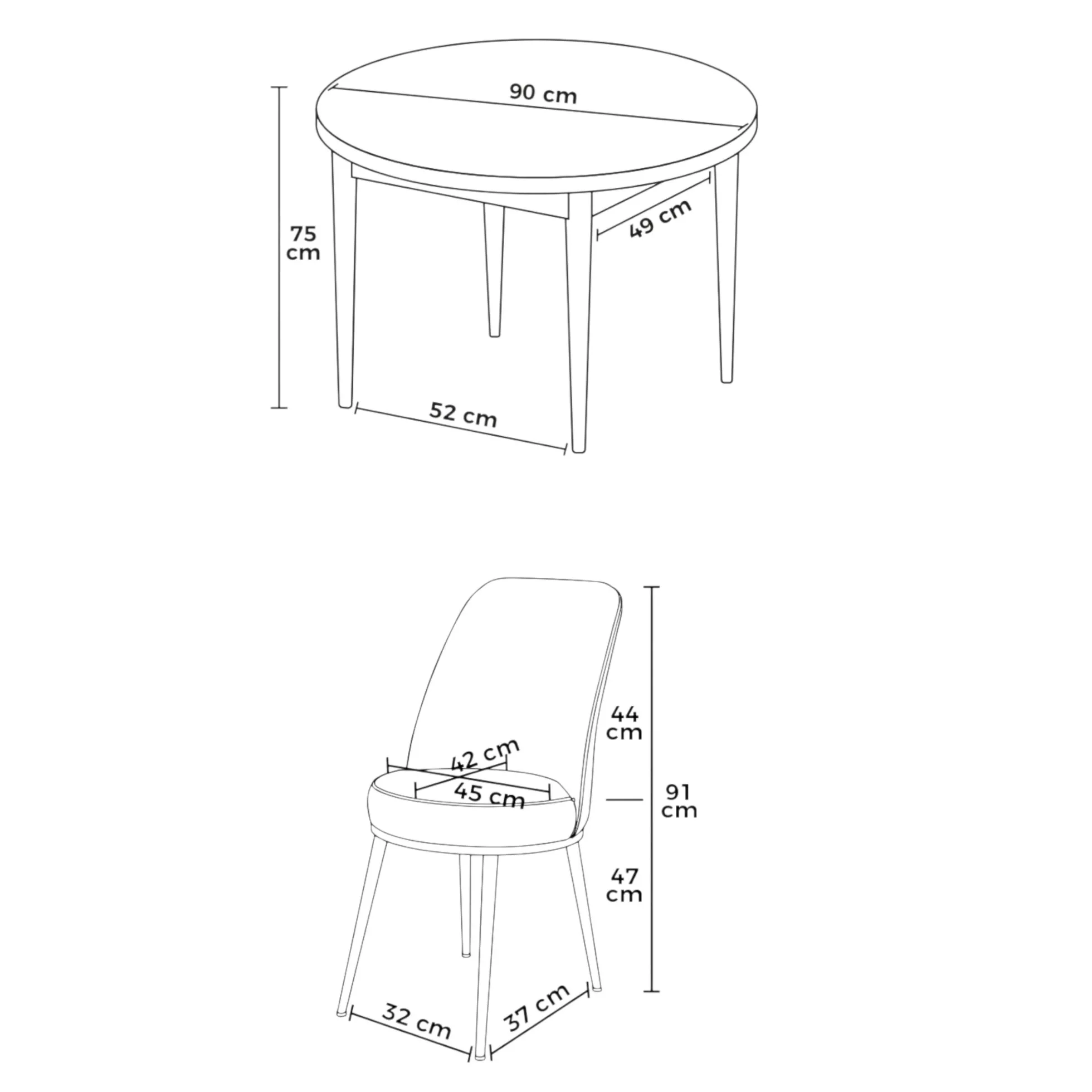 Ensemble table ronde Ø90 cm + 4 chaises gris clair à motifs AROLA