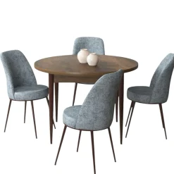 Ensemble table ronde Ø90 cm + 4 chaises gris clair à motifs AROLA