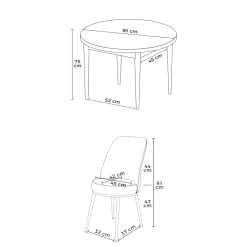Ensemble table ronde Ø90 cm + 4 chaises beiges à motifs AROLA