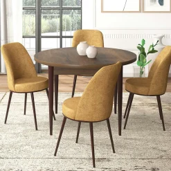 Ensemble table ronde Ø90 cm + 4 chaises moutarde à motifs AROLA