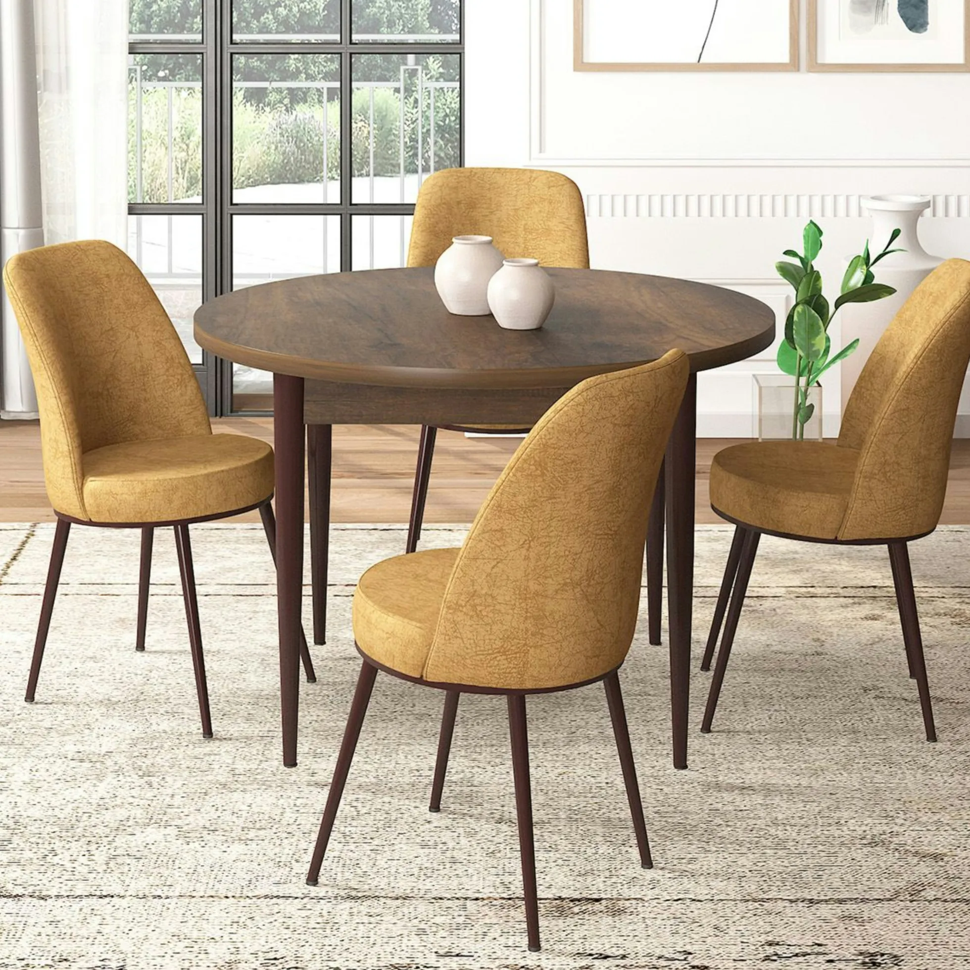 Ensemble table ronde Ø90 cm + 4 chaises moutarde à motifs AROLA